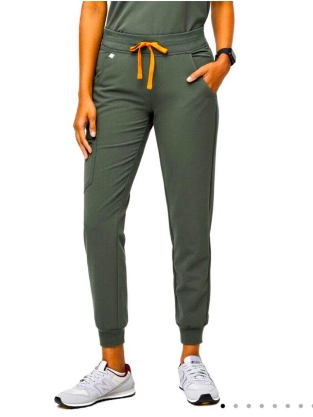 FIGS Zamora Jogger Scrub Pants in Olive Green w/ Orange Drawstring, size L/P - Picture 2 of 8